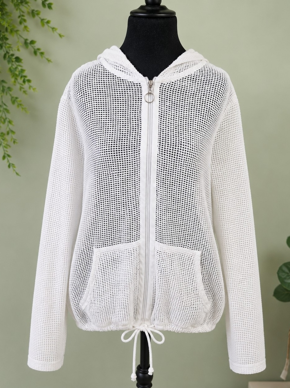 Koret Y2K Mesh Zip Hoodie Jacket Size L White Cotton Open Knit Hooded Waist Tie